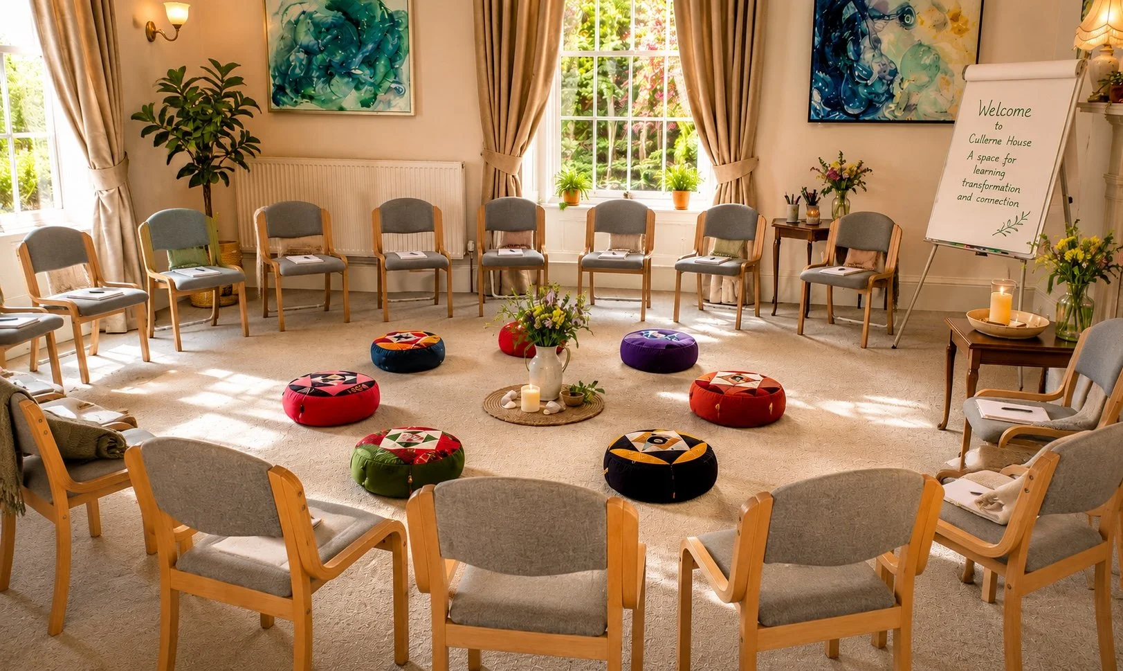 Workshop space at Cullerne House in Findhorn arranged in a circle with chairs, colourful floor cushions and a flipchart.