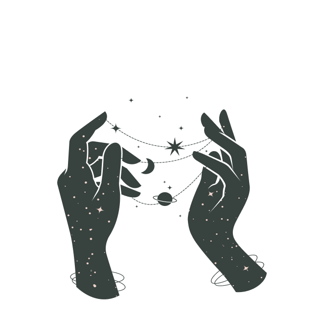 Zwei Hände, die eine Halskette mit Sternen, Planeten und Mond im Weltraumstil halten, Illustration.