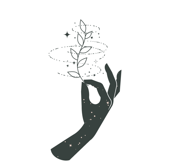 Eine stilisierte Hand hält eine wachsende Pflanze, umgeben von Sternen und kosmischen Mustern, symbolisiert Wachstum und Magie.