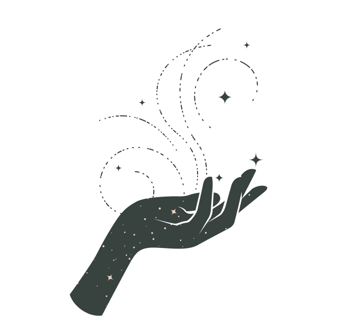 Grafische Darstellung einer Hand, die mit Sternen und kosmischen Mustern übersät ist, mit Sternen und spiralförmigen Linien darüber, die den Himmel oder das Universum symbolisieren.
