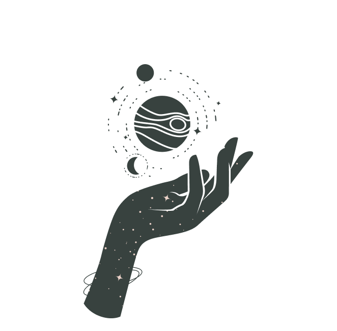 Zeichnung einer Hand, die den Planeten Jupiter und umliegende Himmelskörper hält, mit Sternen im Unterarmbereich, in einem mystischen und kosmischen Stil.
