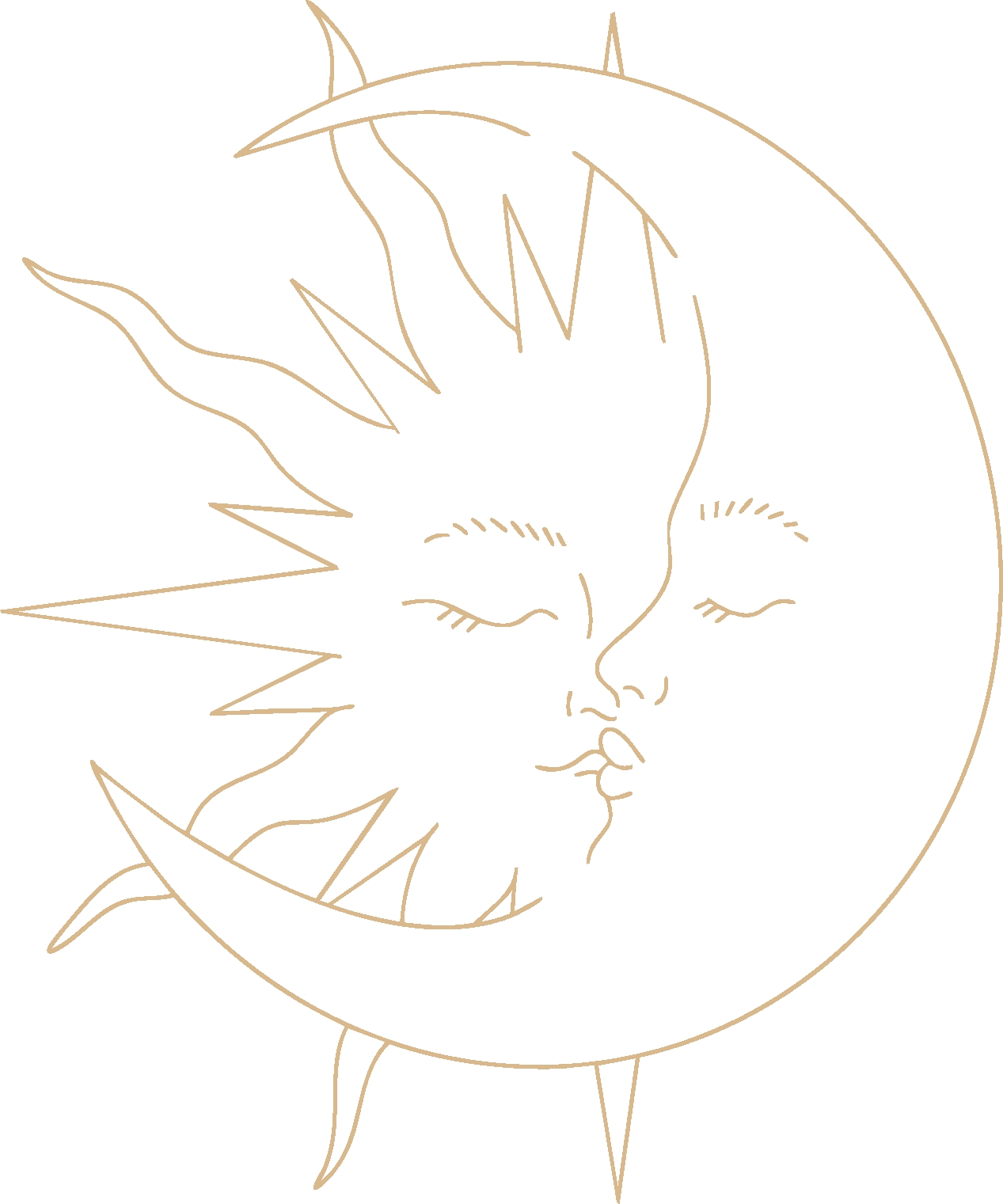 Line art illustration of a stylized human face with closed eyes, surrounded by a moon and jagged star shapes on a black background.