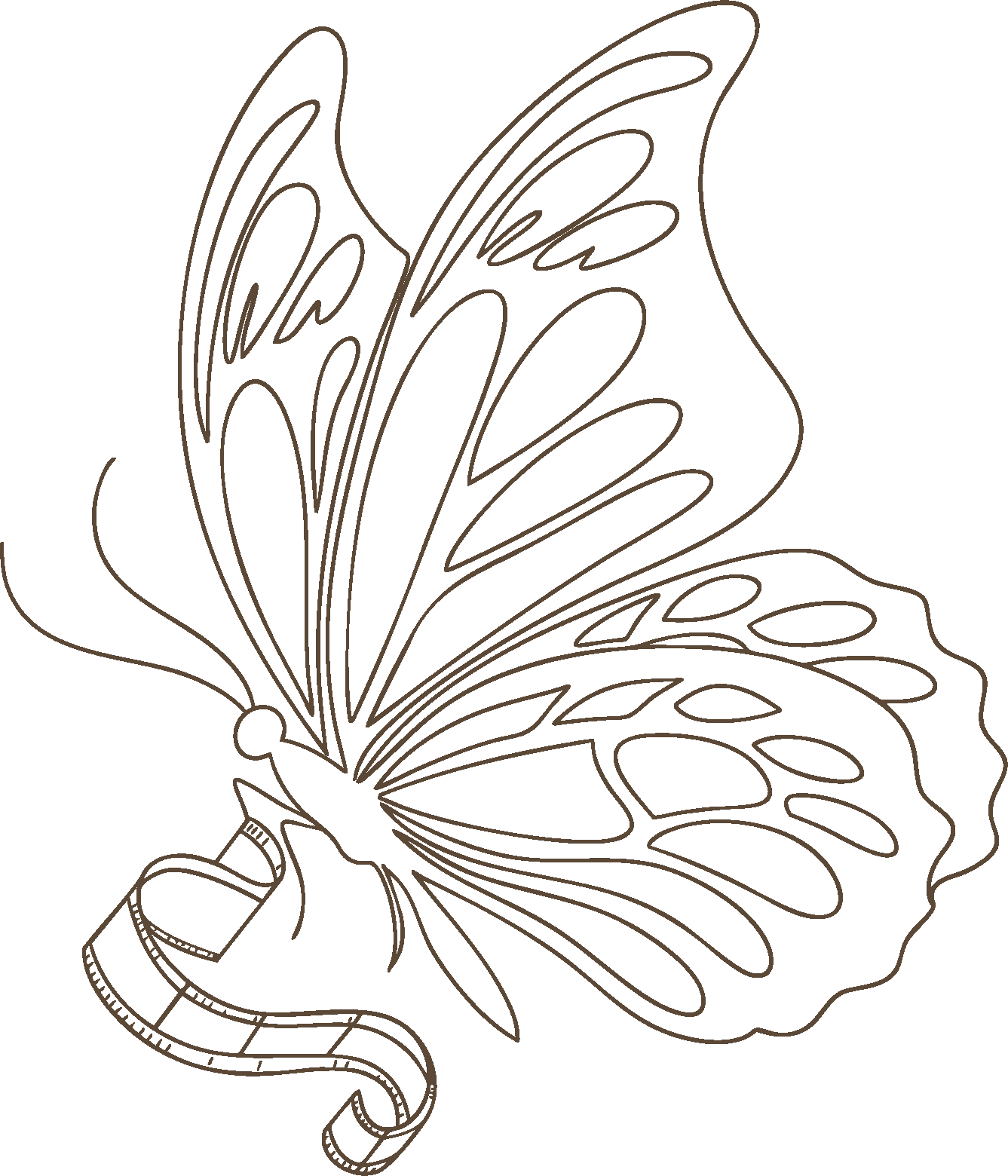Outline drawing of a butterfly with wings and a bottle, all in a continuous line style.