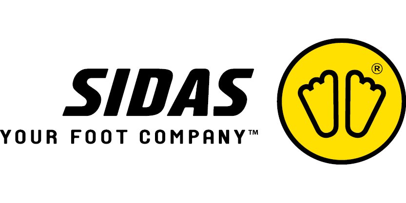 Logotyp för Sidas, ett skoföretag, med texten "Your Foot Company" och en gul cirkel med två fötter.