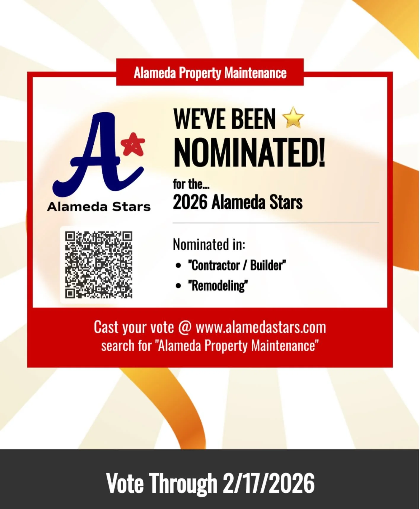 Don&rsquo;t forget you can vote for us once a day in the contractor and remdeling categories on alamedastars.com. Thank you for the support!