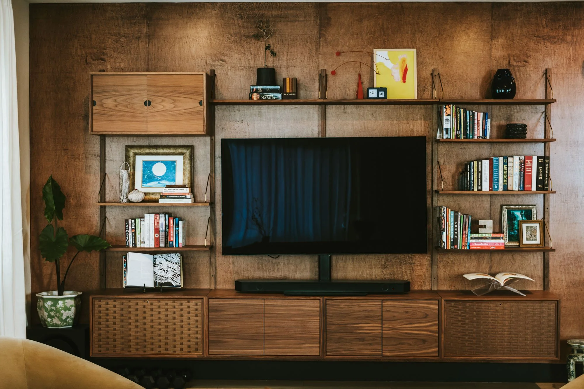 Wooden wall with open shelving holding books, artwork, and decorative objects, including a large TV, potted plants, and framed pictures.