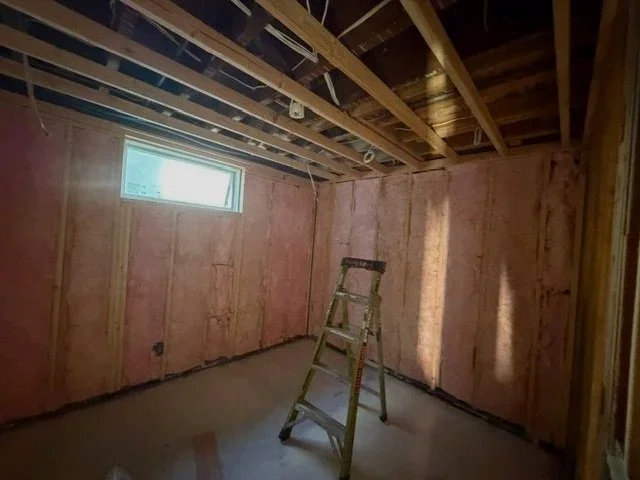 An unfinished room with pink insulation on the walls, exposed ceiling joists, a small window, and a ladder in the center.