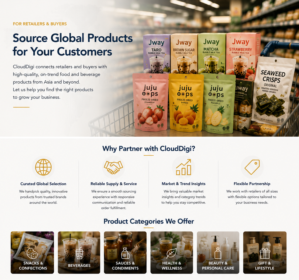 A webpage about sourcing global food products for retailers, showing various packaged food items like bubble teas and snacks, with sections detailing partner benefits and product categories including snacks, beverages, sauces, health, beauty, and gifts.