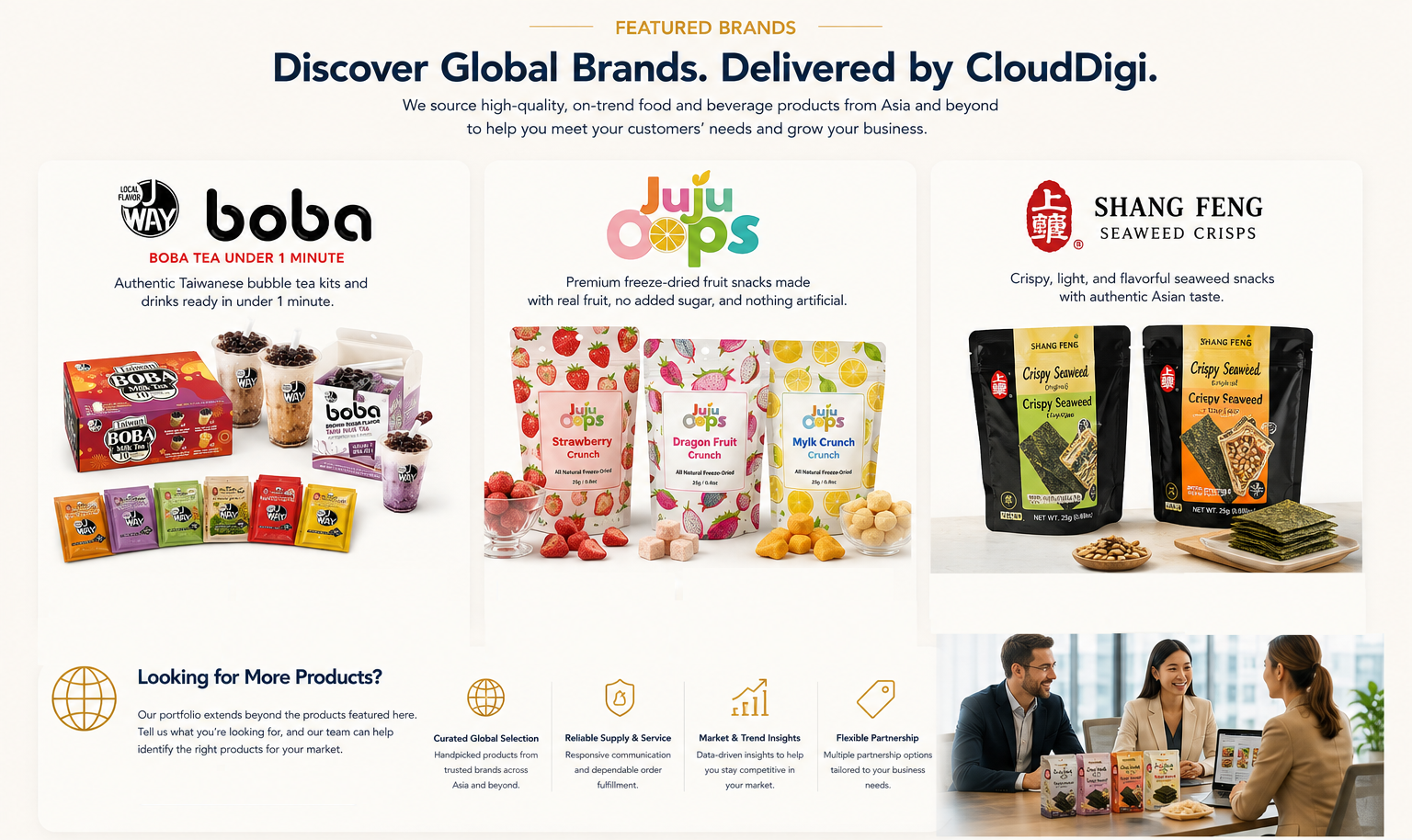 An advertisement showcasing global food brands delivered by CloudDigi, featuring Boba Tea Under 1 Minute, Juju Pops freeze-dried fruit snacks, and Shang Feng seaweed crisps, with a business meeting in the lower right corner.