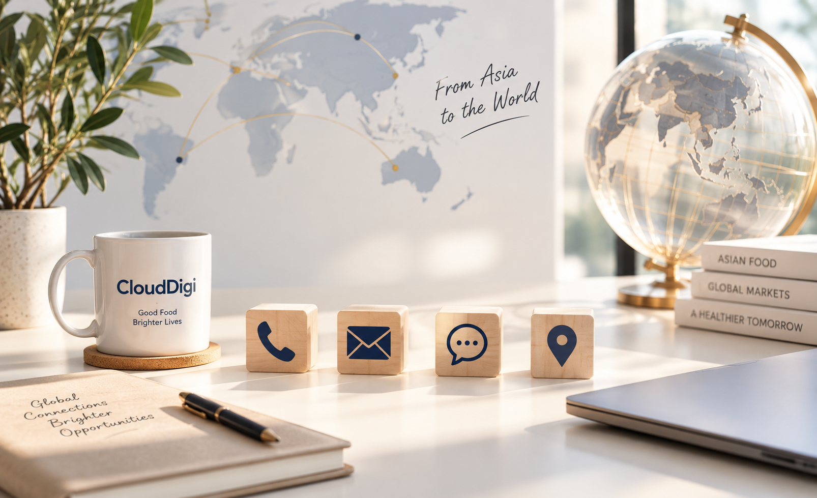 A workspace with a white coffee mug that says "CloudDigi, Good Food, Brighter Lives," four wooden blocks with icons for phone, email, chat, and location, a potted plant, a globe, books about Asian food, global markets, and a healthier tomorrow, a notebook with a pen, and a large map on the wall with the text "From Asia to the World."