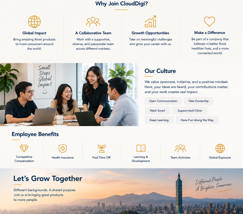 A company culture and benefits overview slide. The slide features icons and text describing reasons to join CloudDigi, such as global impact, teamwork, growth opportunities, and making a difference. It highlights values like openness, initiative, and positive mindset, and lists employee benefits like compensation, health insurance, paid time off, learning and development, team activities, and global exposure. The slide also includes a photo of diverse team members working together in an office and a skyline view of Taipei with mountains and a sunset.