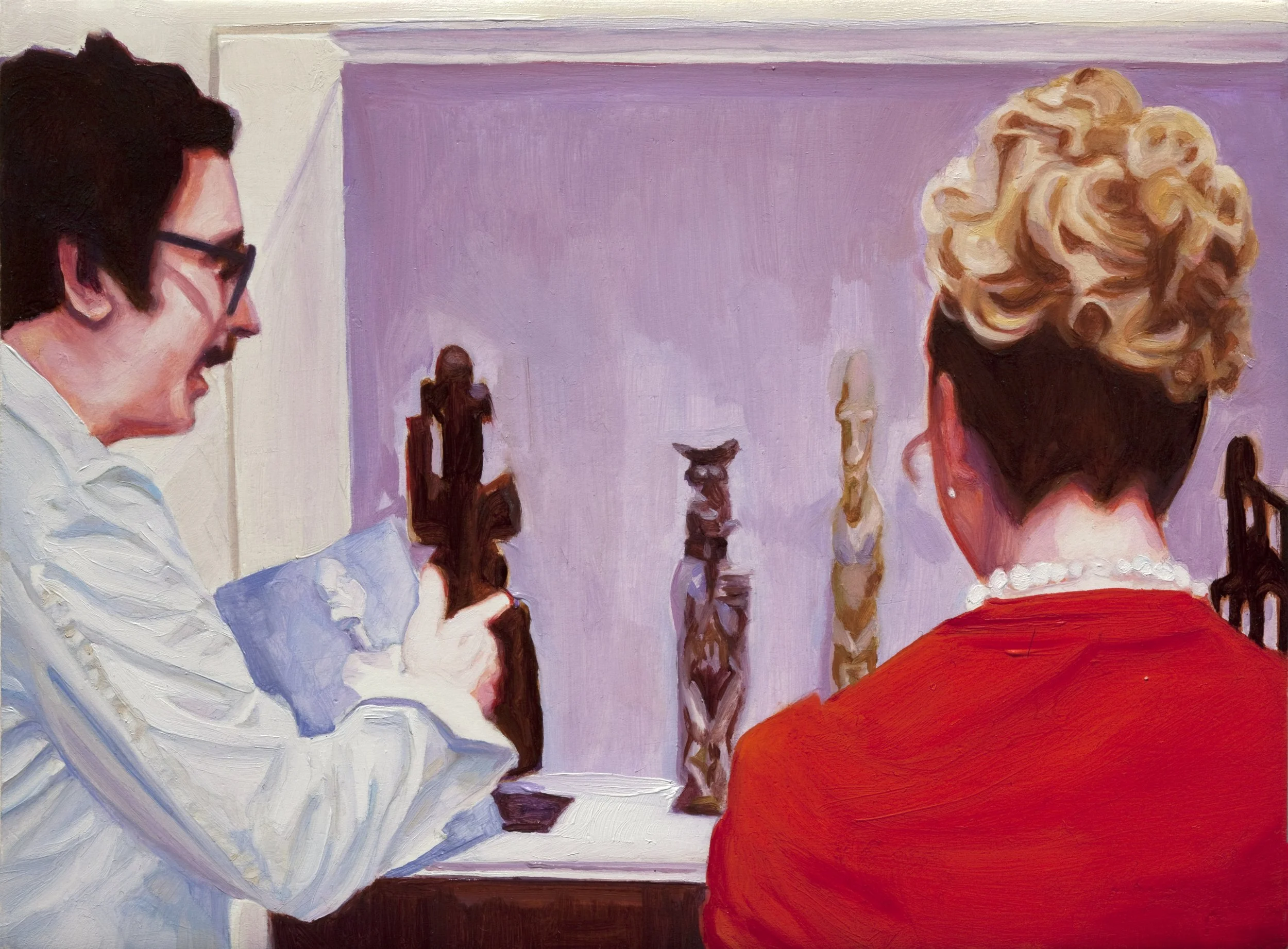 Painting of two women, one with dark hair and glasses in a white top, and the other with curly blonde hair and a bright red top, viewed from behind, with a background of purple and pink hues and small human figures.