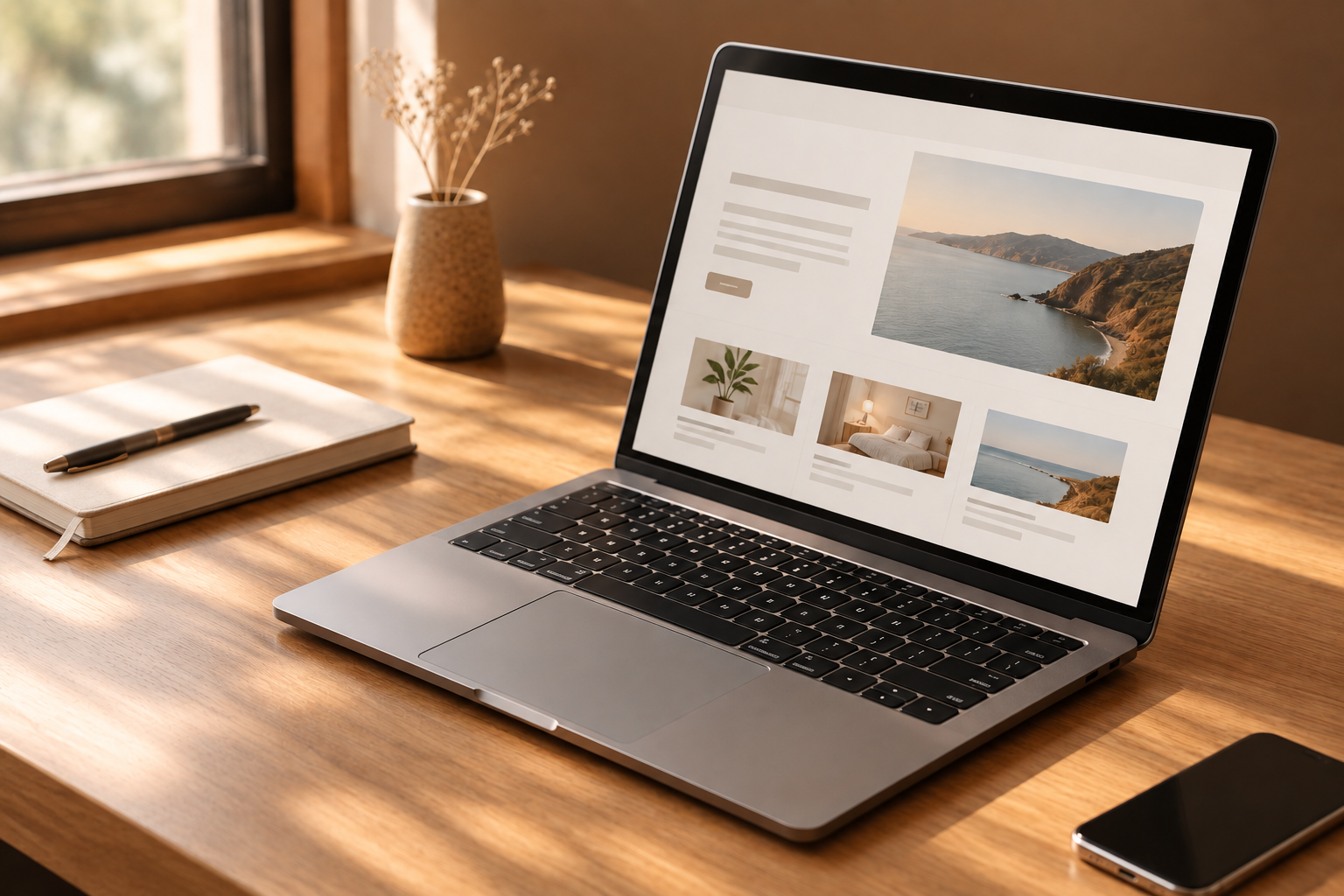 Laptop displaying a travel website on a warm wooden desk beside a notebook, pen, vase, and smartphone.