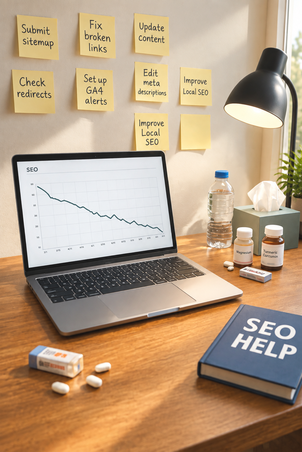 Analytics dashboard displayed on laptop shows failing SEO; sticky notes show all the work that needs to be done.