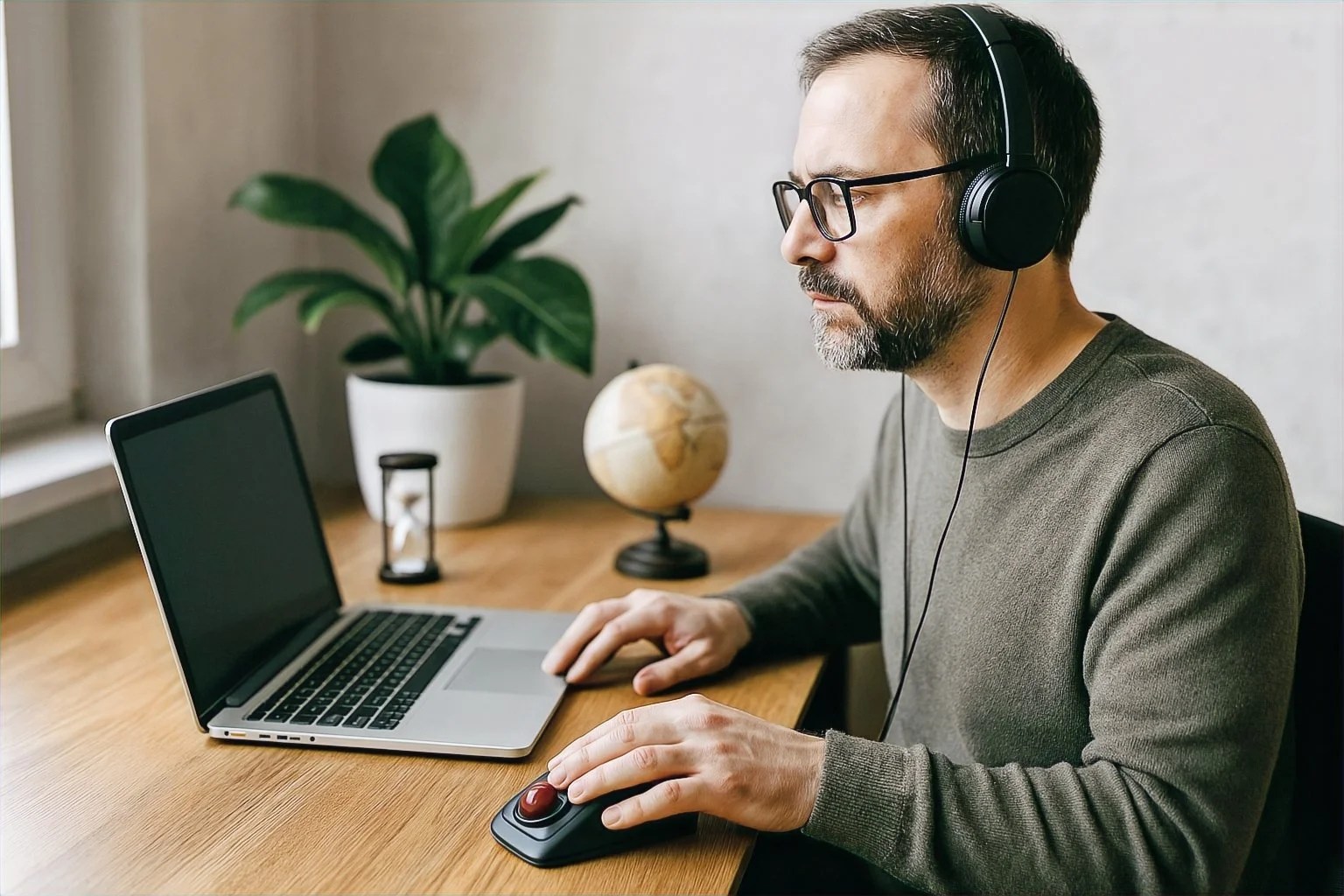 Male travel tech leader wearing headphones using laptop at desk struggles to figure out why SEO is failing.