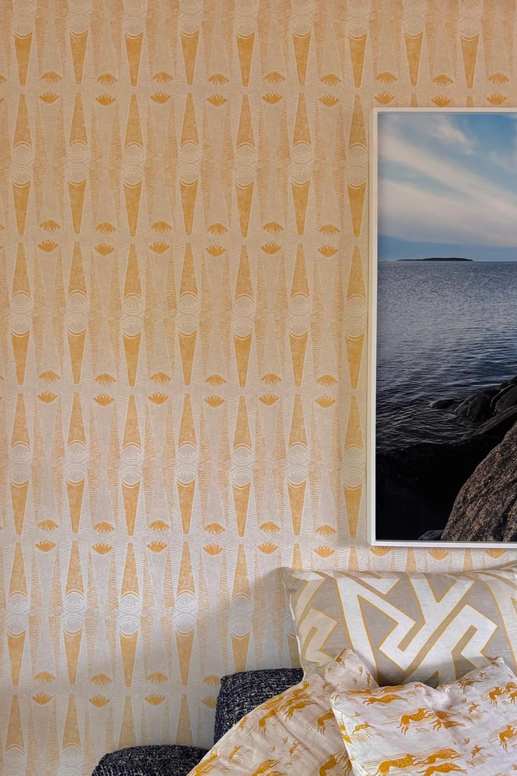 Living room with Sompting wallpaper in Buttercup