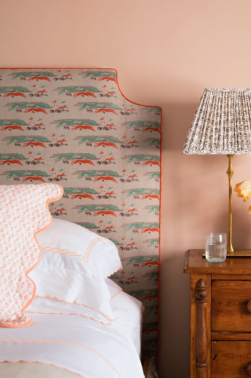 Headboard with Whippets in Mint on Ecru