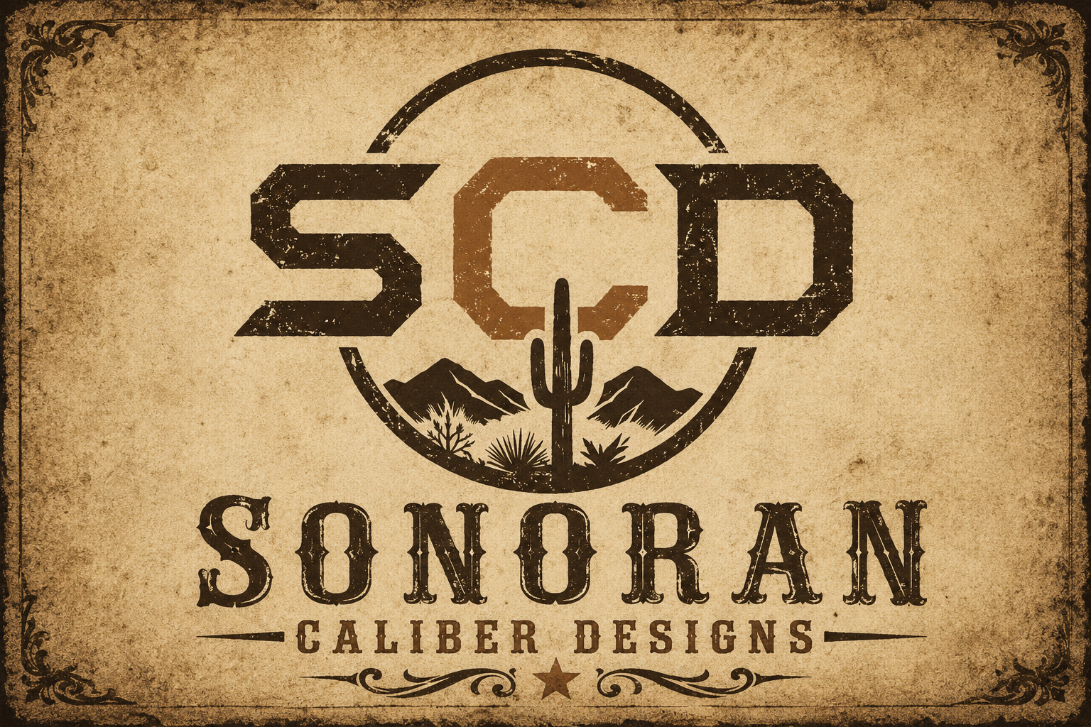 Vintage style logo featuring the letters SCD with desert mountains, cactus, and vegetation, with text "Sonoran Caliber Designs" below.
