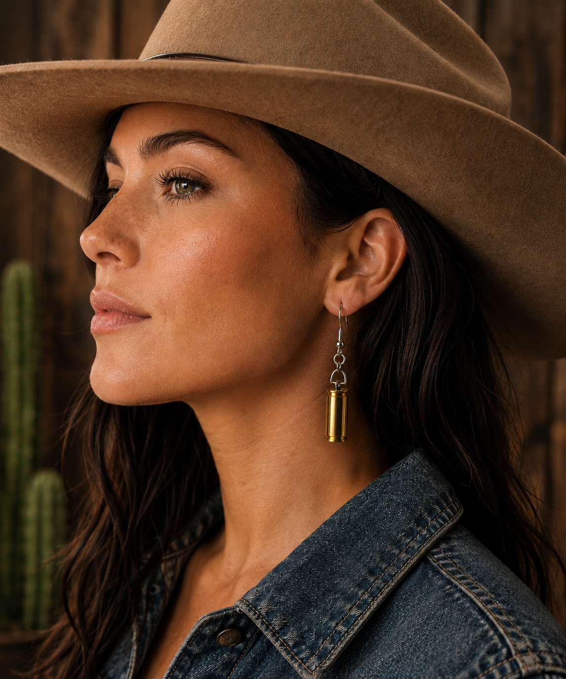 Woman wearing a handmade western style bullet casing earring with a cactus in the background.