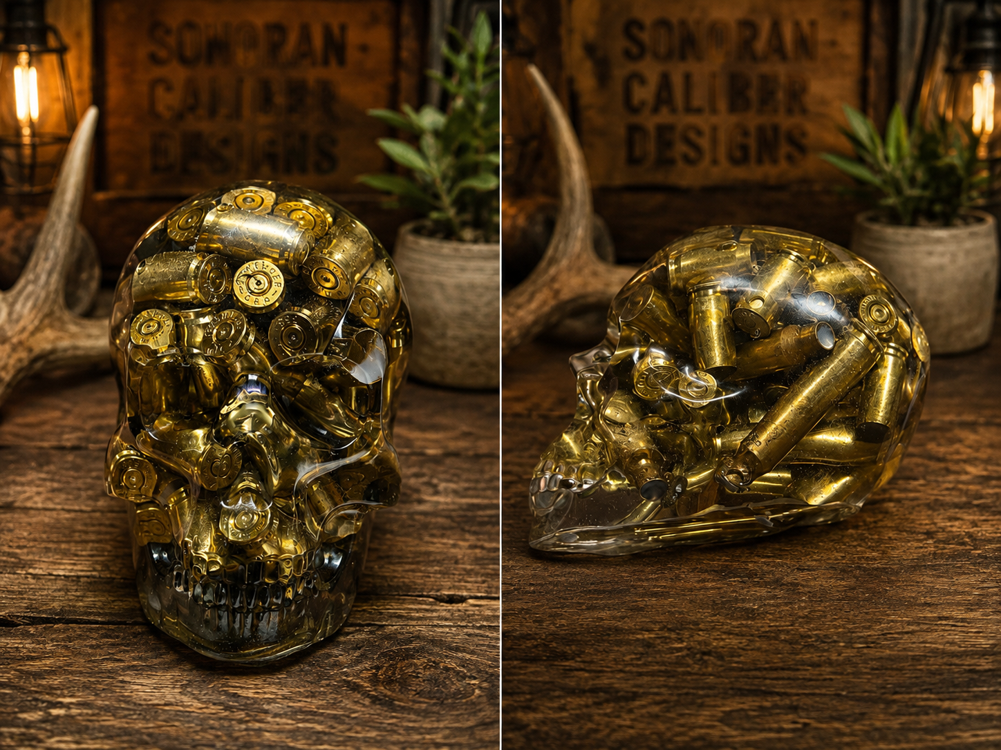 Handmade skull sculpture crafted from gold-colored bullet casings, displayed on a rustic wooded surface.