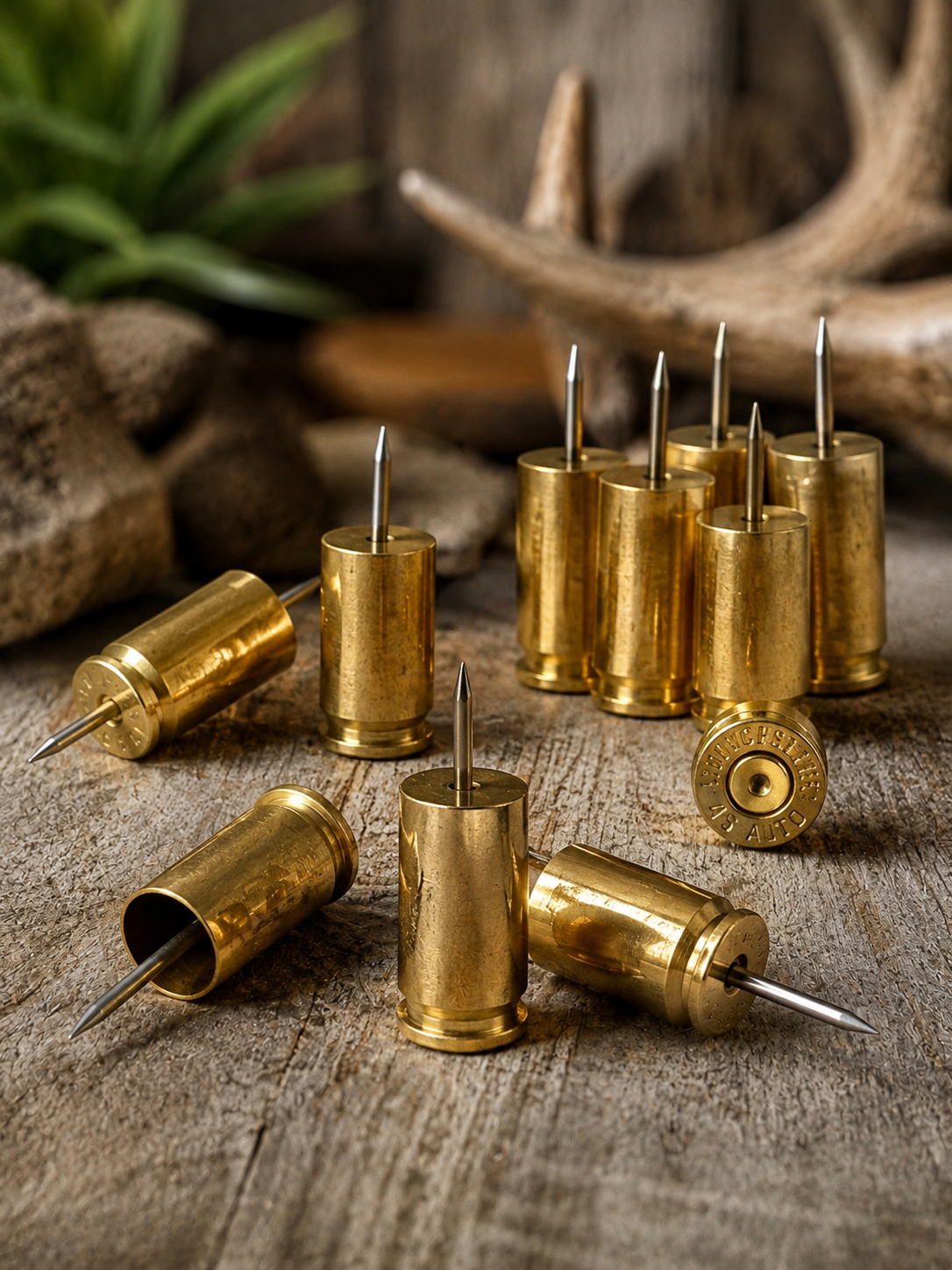 Spent brass bullet casings displayed on a rustic wooden surface with Western-inspired decor.