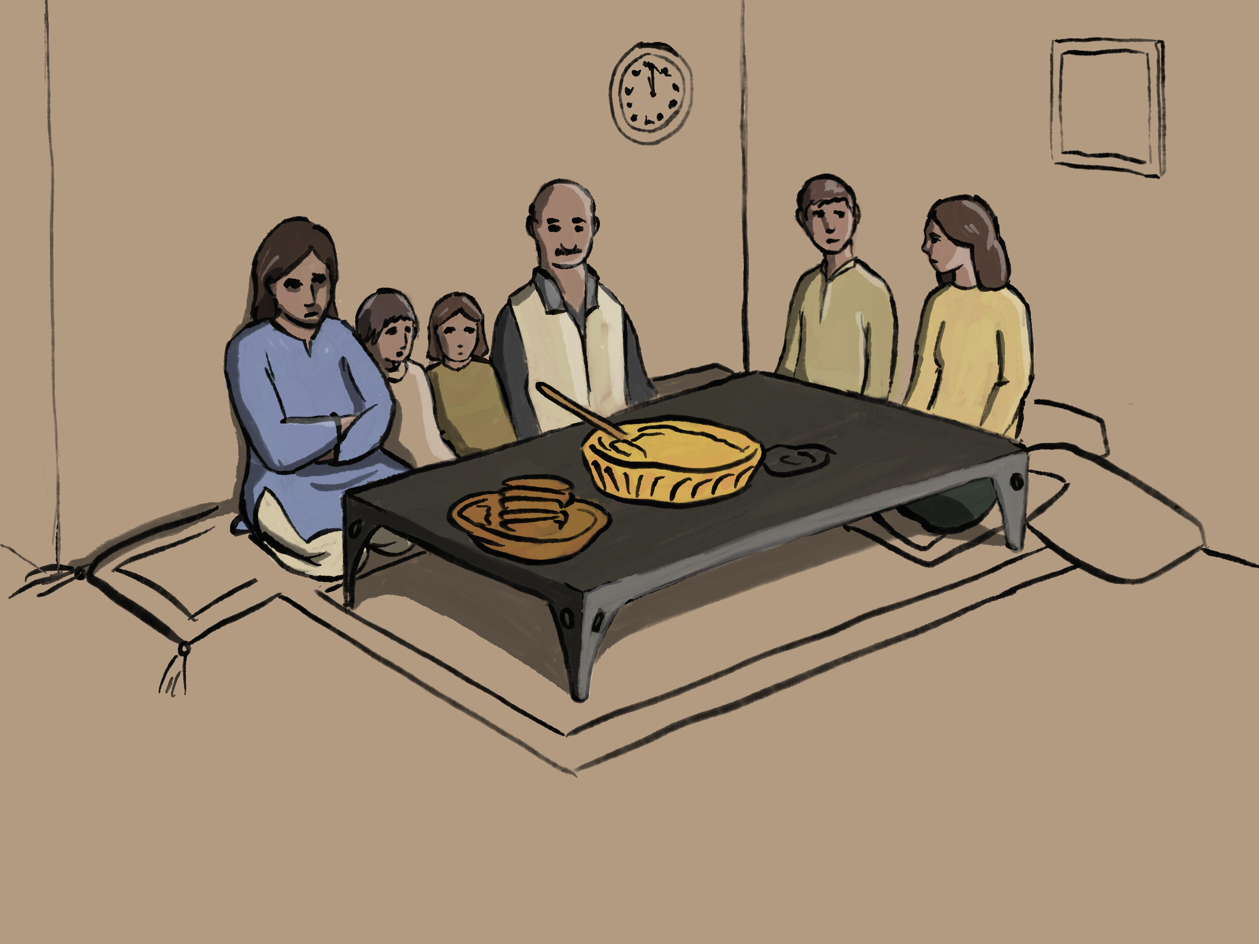 A family sitting on the floor around a low table with a pie and some plates, in a room with a clock on the wall and framed picture, with open curtains.