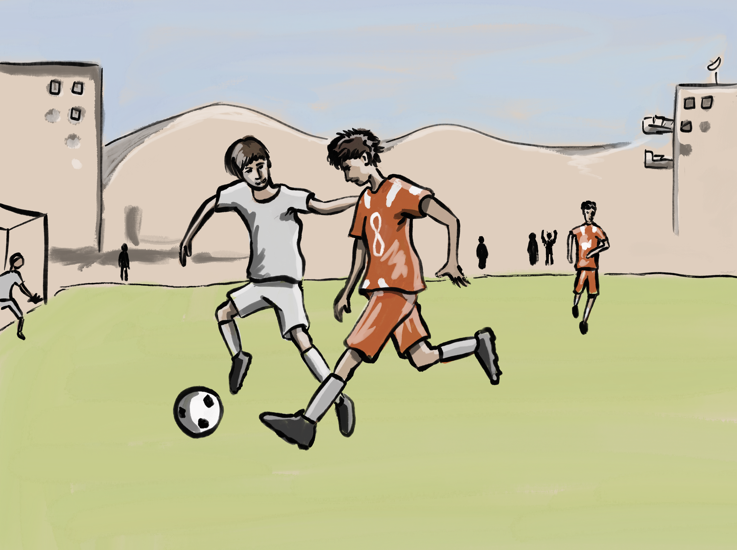 Two boys in soccer uniforms playing soccer on a field, with a soccer ball. Several other children are in the background, along with buildings and a blue sky.