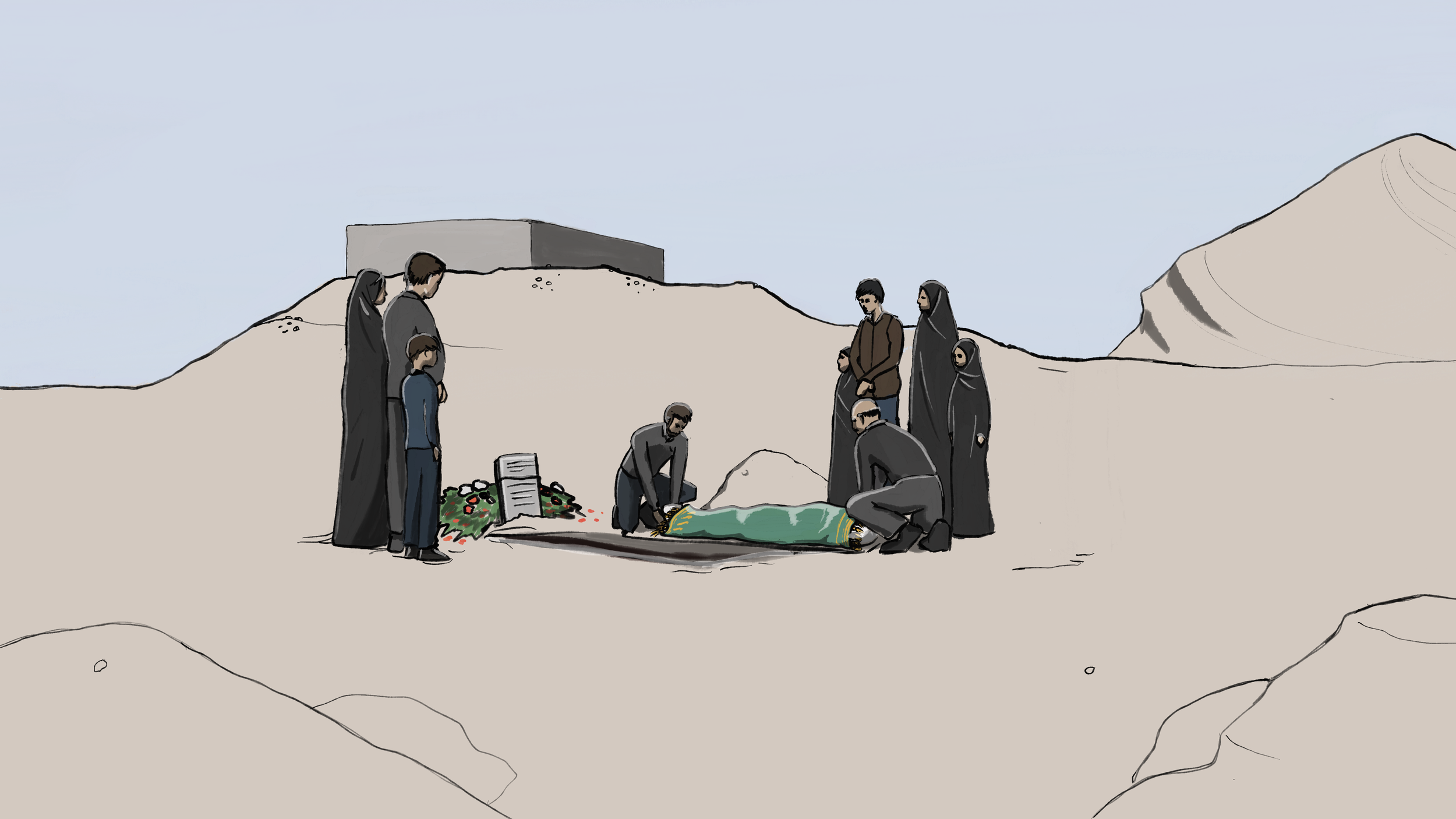 People gathered around a grave, paying respects with some placing flowers. A woman in black hijab and a man in dark clothing stand beside children. Others are kneeling or standing nearby, on a barren, rocky landscape with a small memorial plaque and 
