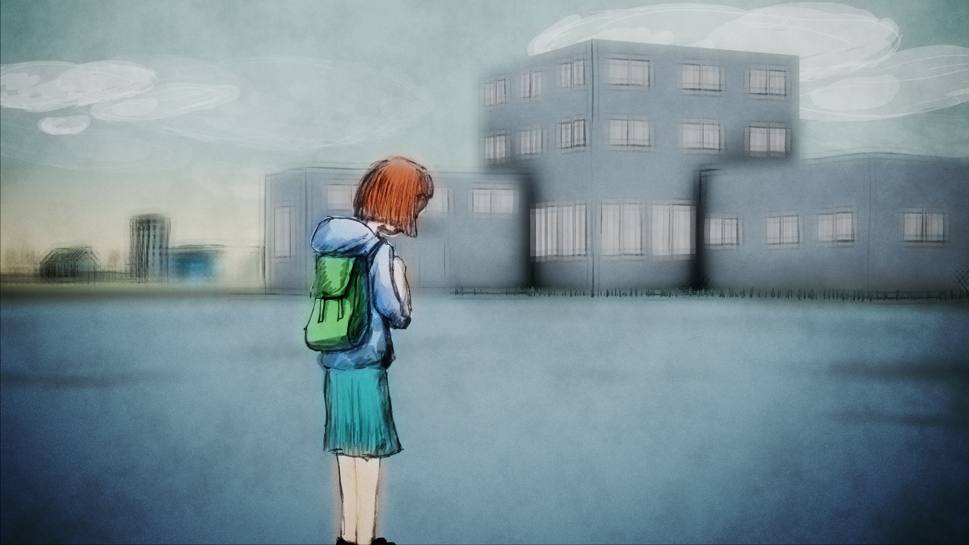 A girl with red hair, wearing a blue hoodie, green skirt, and a green backpack, standing alone in an empty open area near city buildings, looking down with a somber demeanor.