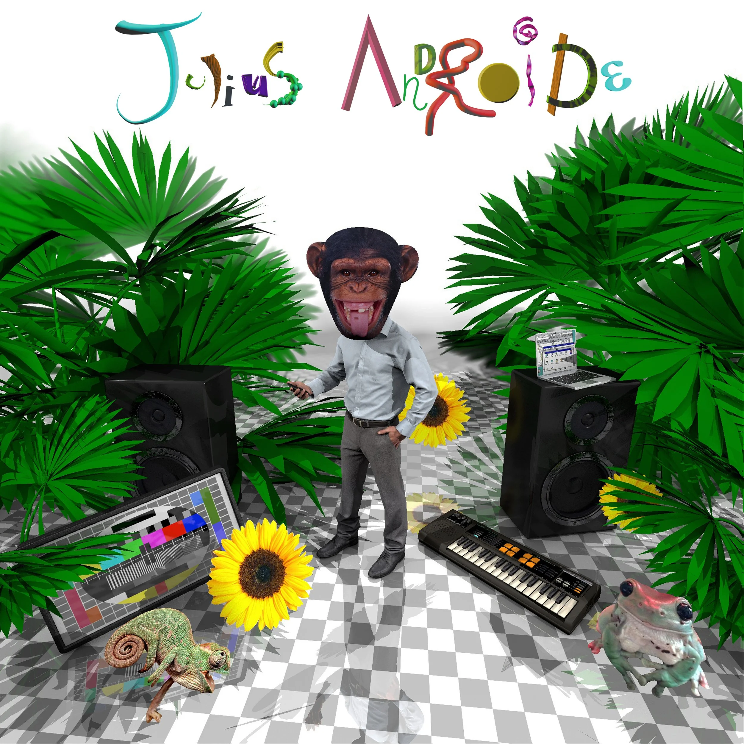 A person with a chimpanzee face mask standing among large green tropical leaves, surrounded by electronic music equipment, colorful plants, and animal figures in a vibrant jungle-themed scene