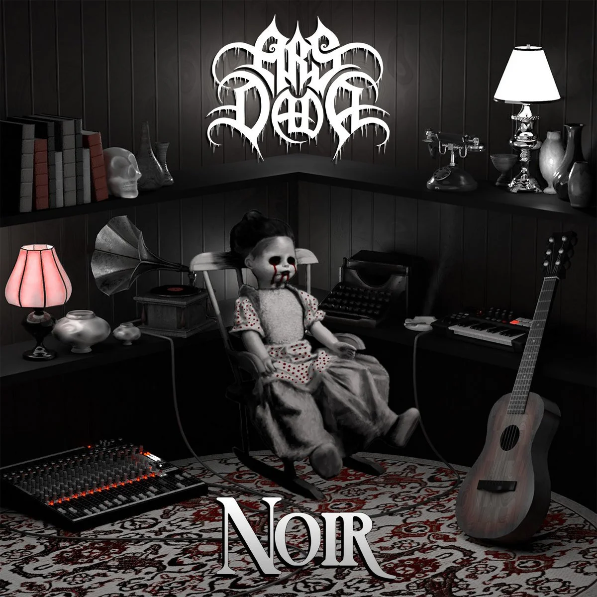 A dark room with black paneled walls, decorated with various objects including books, skulls, vases, and lamps. In the center, a doll with a skull face and blood tears sits in a child's rocking chair. On the floor, a sound mixer and an acoustic guitar are visible. Additional musical equipment, a vintage typewriter, a lamp, and a vintage telephone are on the shelves. The words 'The Chics' and 'NOIR' are displayed prominently in the image, with the latter at the bottom.