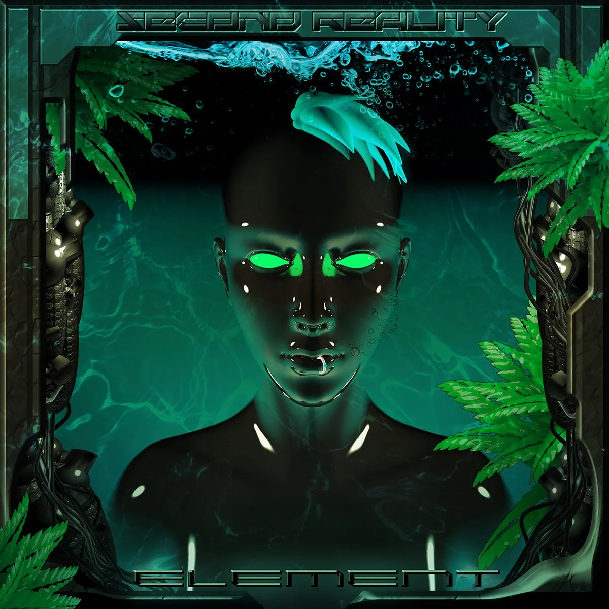 Futuristic digital art of a glowing female robot with neon green eyes, surrounded by jungle leaves and technological elements, with the words "ELEMENT" at the bottom.