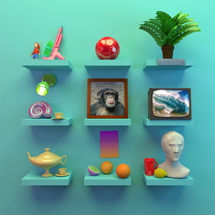 Colorful wall shelf arrangement with toys, a red soccer ball, a potted plant, a framed monkey picture, a small TV, a bust sculpture, fruits, a teapot, and decorative objects on a blue wall.