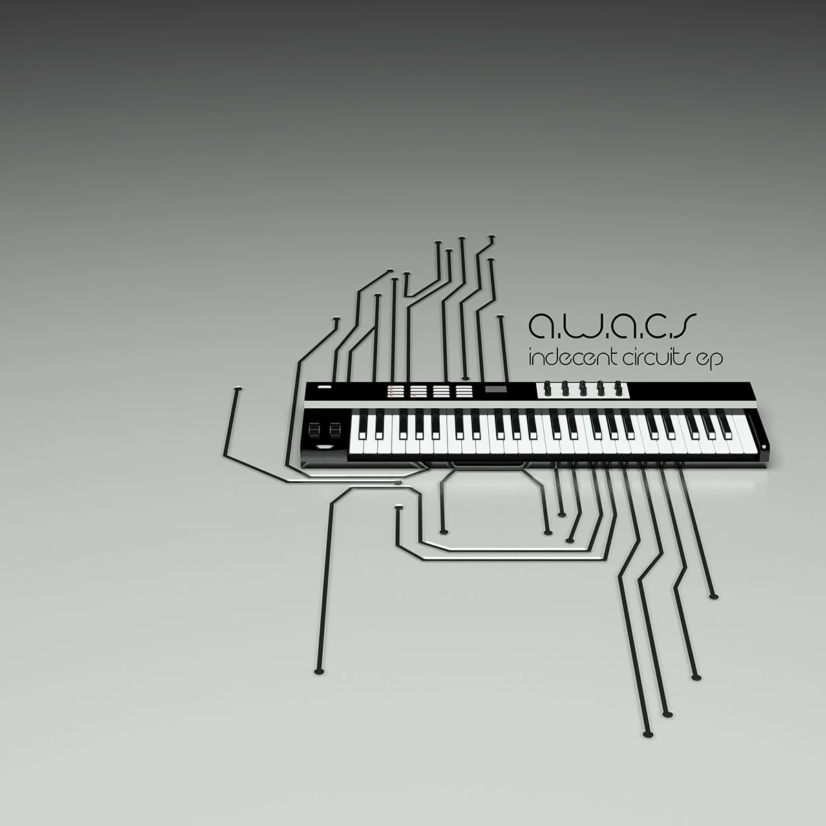 Digital illustration of a synthesizer keyboard with circuit lines extending from it, with the text 'a.w.a.s' and 'indecent circuits ep' on a gray gradient background.