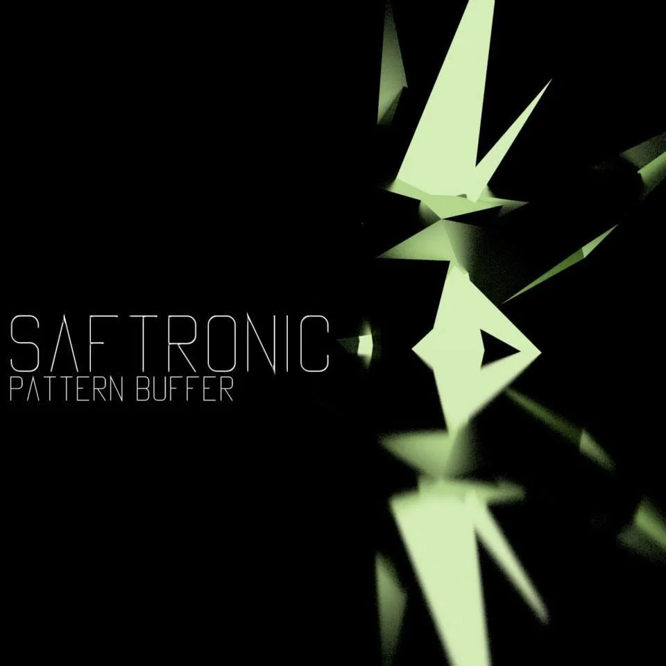 Abstract modern design with green geometric shapes and the text "SAFTRONIC PATTERN BUFFER" on a black background.