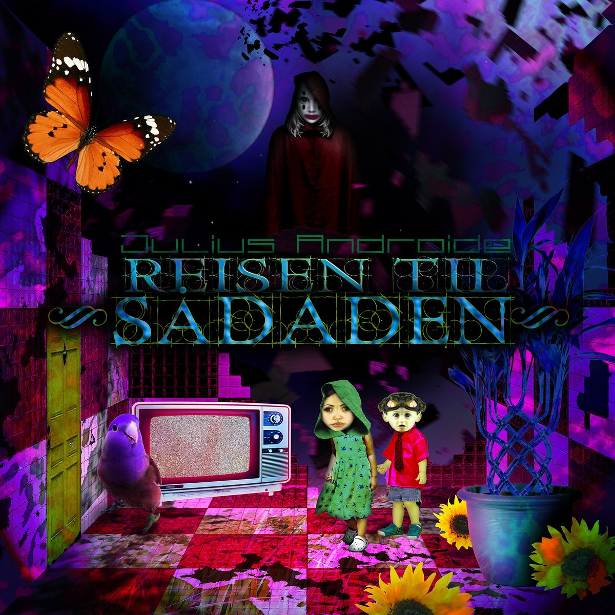 Digital artwork featuring a surreal, darkly whimsical scene with two children holding hands in the foreground, a split-screen TV displaying static, a purple bird, a large butterfly, a mysterious hooded figure with a pale face in the background, a moo