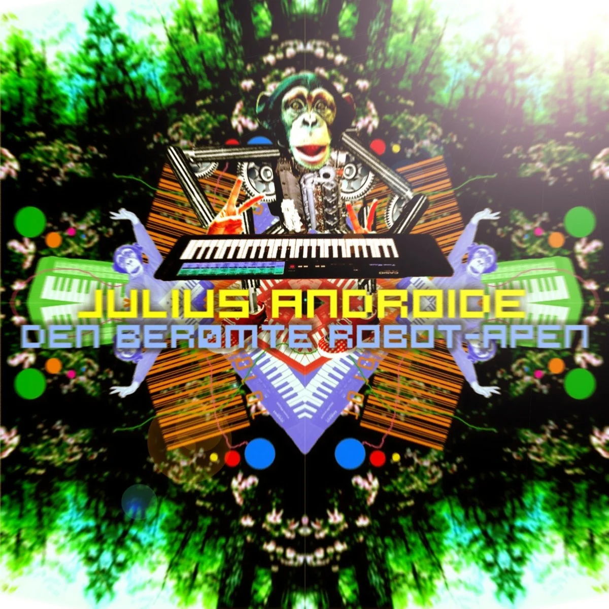 A colorful digital collage featuring a monkey's face, a keyboard, and human figures in a vibrant, kaleidoscopic design with text that reads "Julius Andrade" and "Den Berte Robot Tape".
