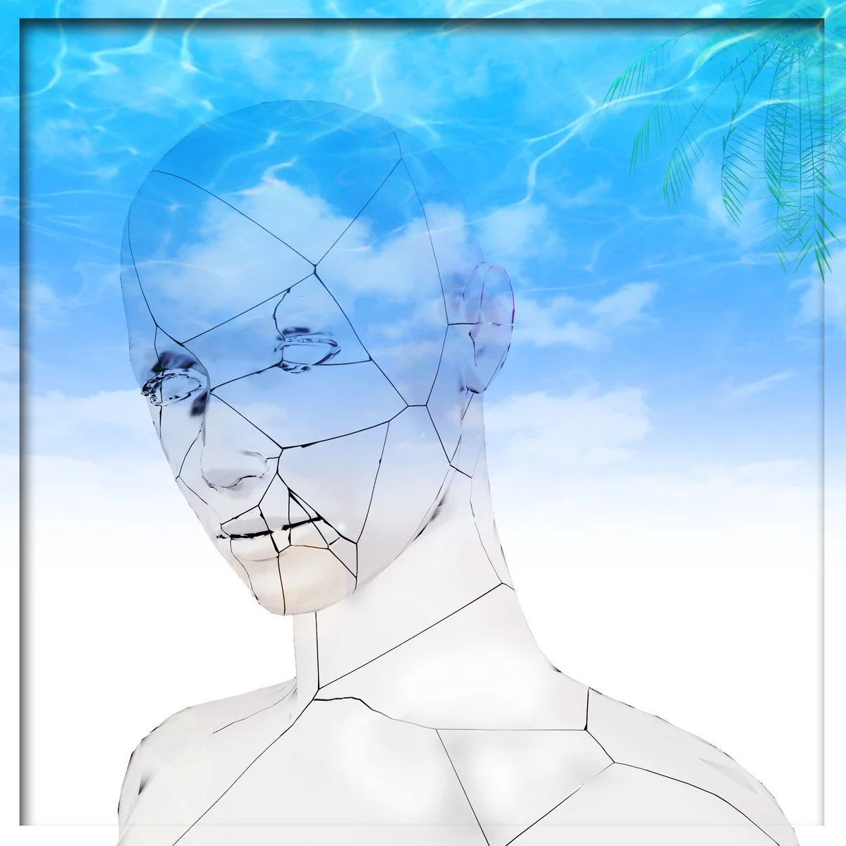 A broken glass mannequin with a sky and clouds reflection on the head, and some palm tree leaves in the upper right corner.