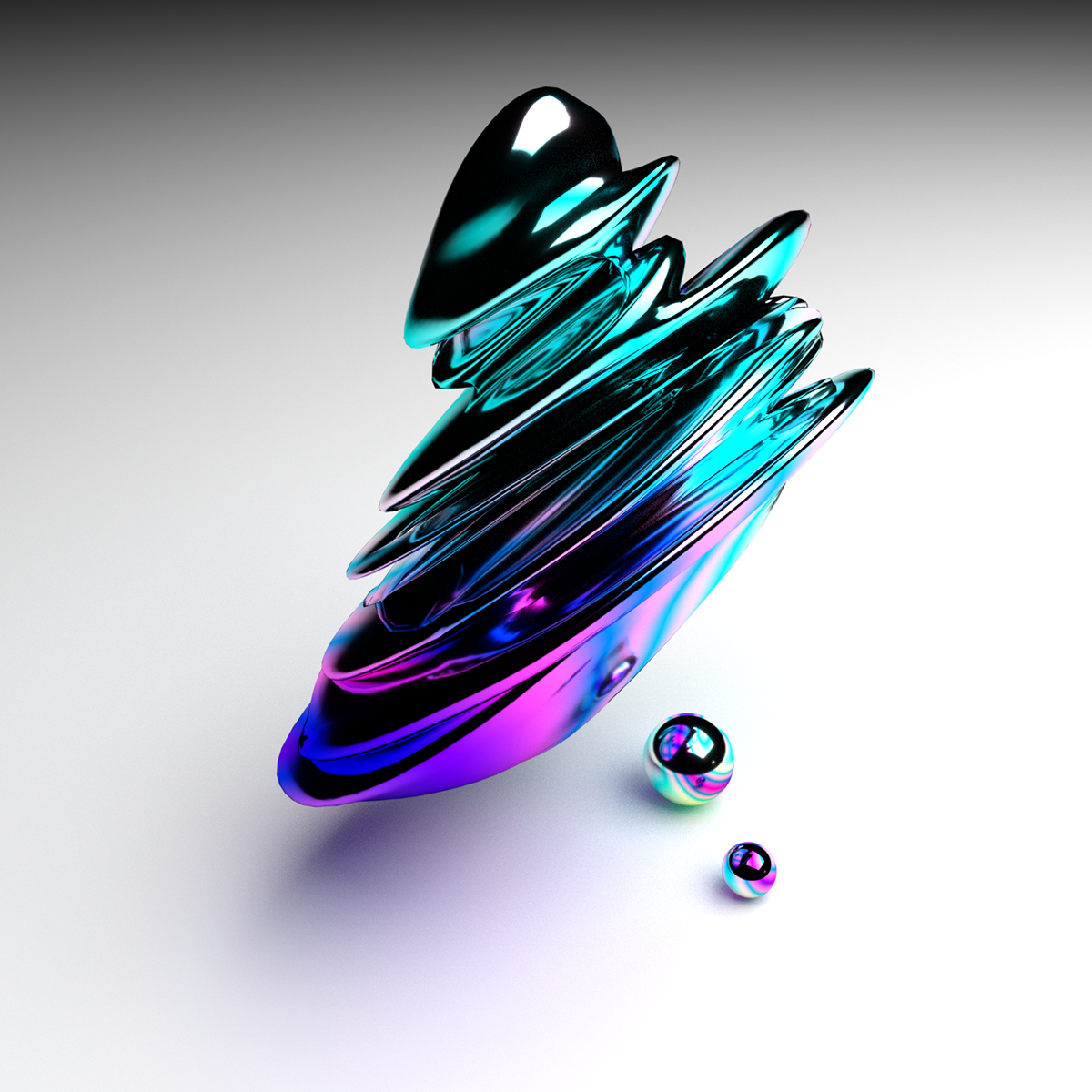 Abstract metallic sculpture with iridescent blue, purple, and pink hues and two small iridescent spheres on a light background.