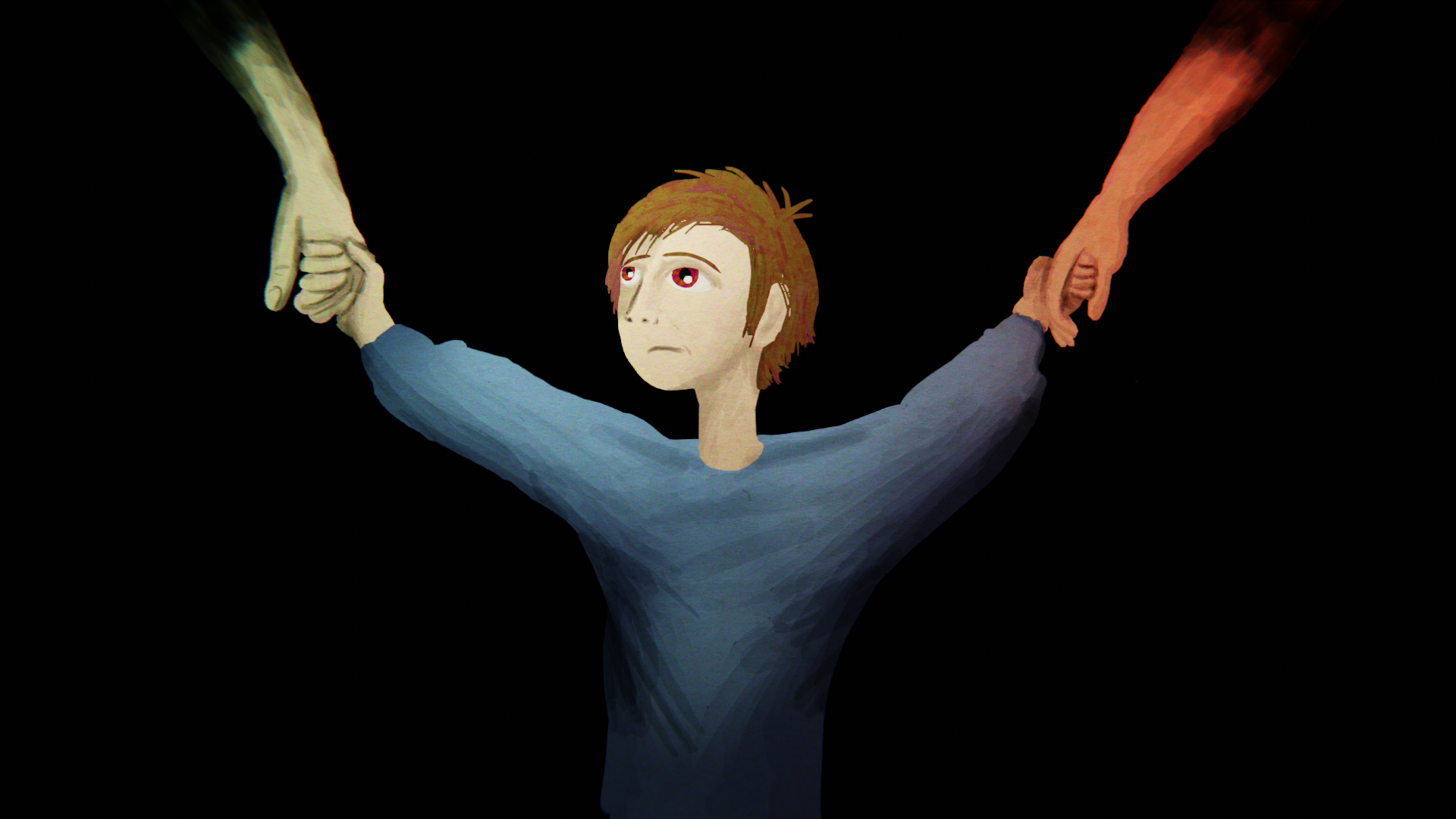 A digital illustration of a person with brown hair, wearing a blue shirt, holding hands with two others, one with greenish skin on the left and one orange-hued on the right, against a dark background.