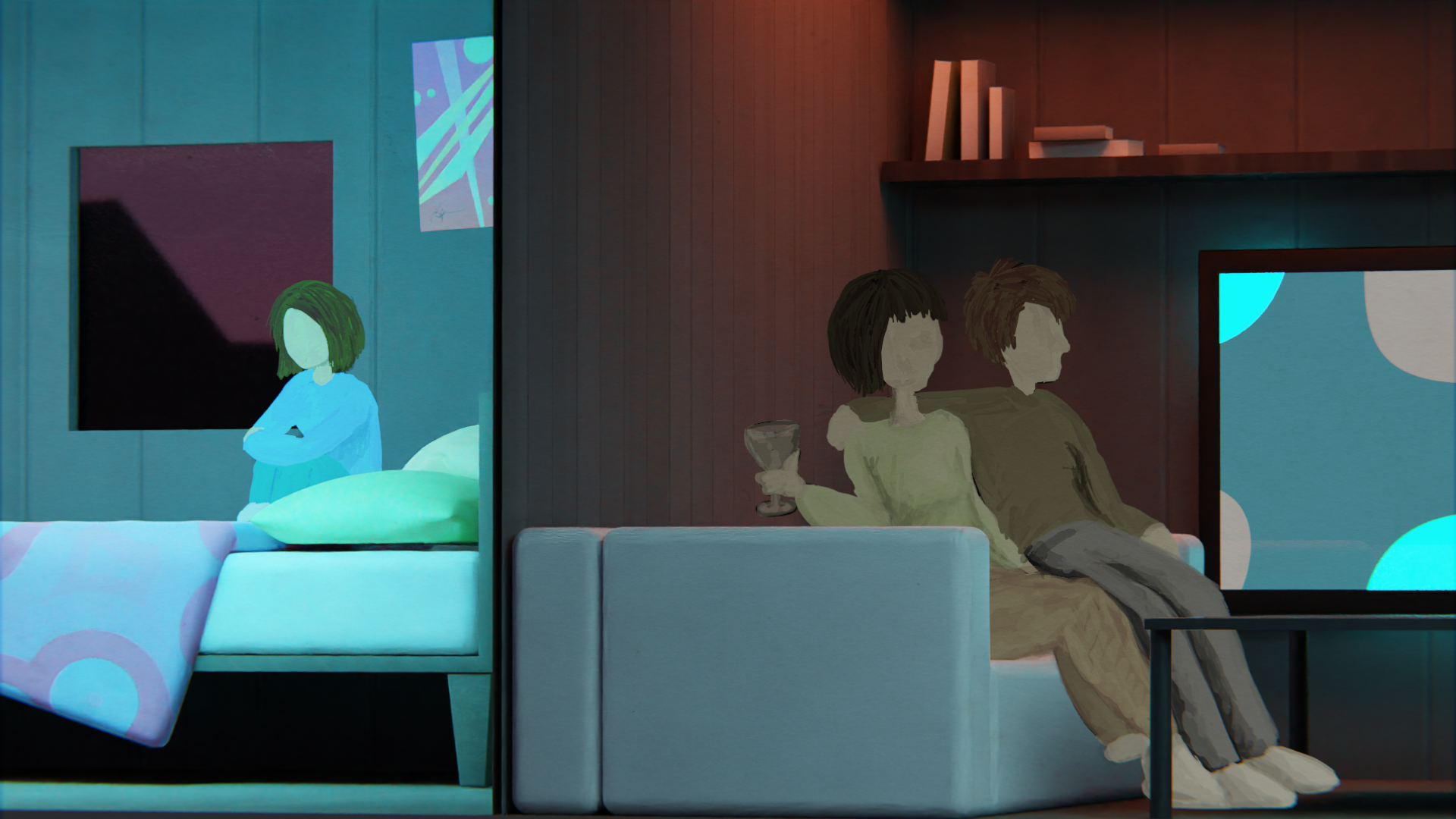 Illustration of a person sitting on a bed with folded arms in a bedroom, and another person sitting on a sofa holding a glass, watching television in a living room area.