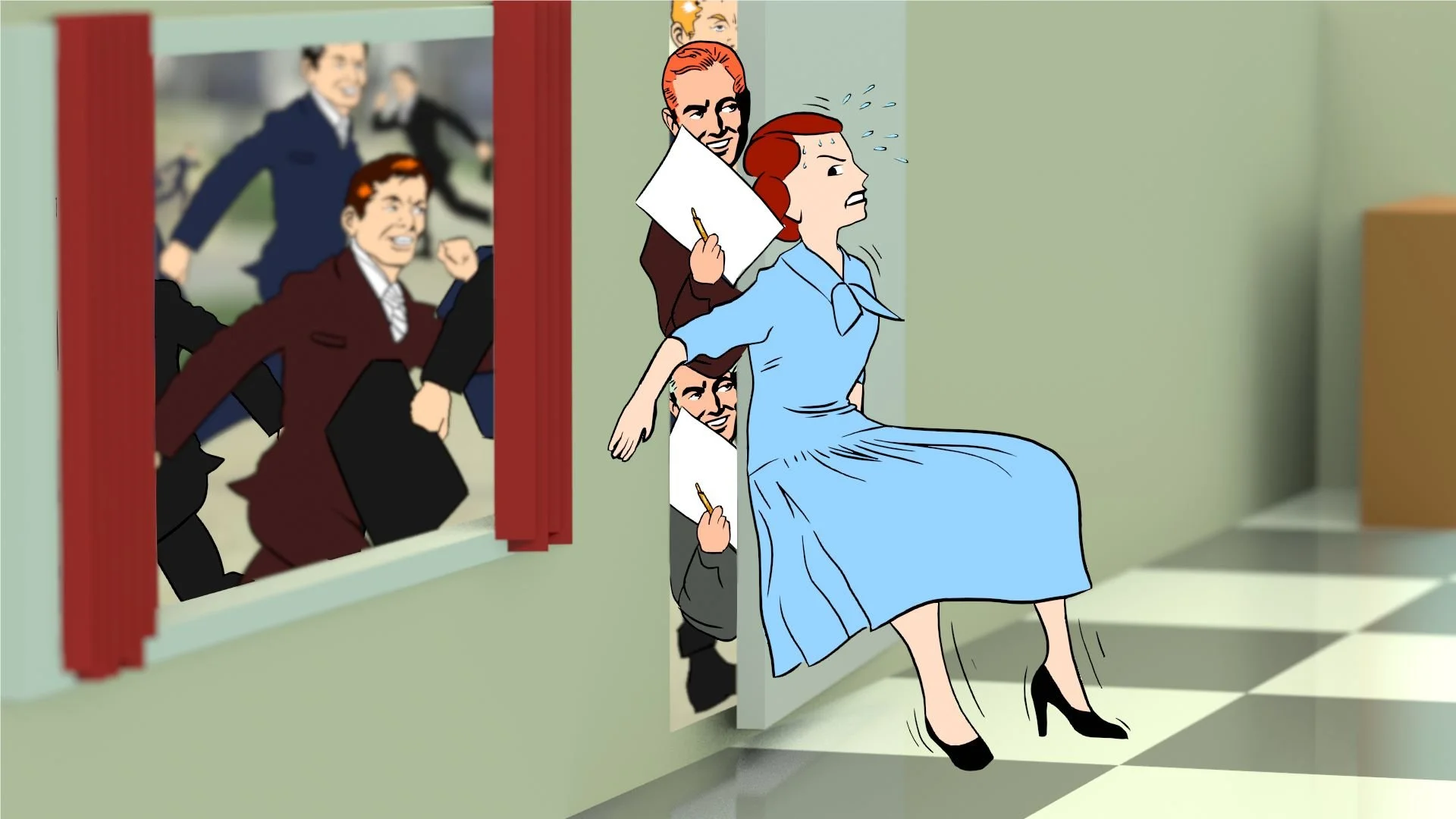 A woman with red hair and a blue dress sitting on a man's lap, appearing distressed with sweat drops on her face. The man is holding her around the waist, and there are four men outside the window, all dressed in suits, running with angry expressions
