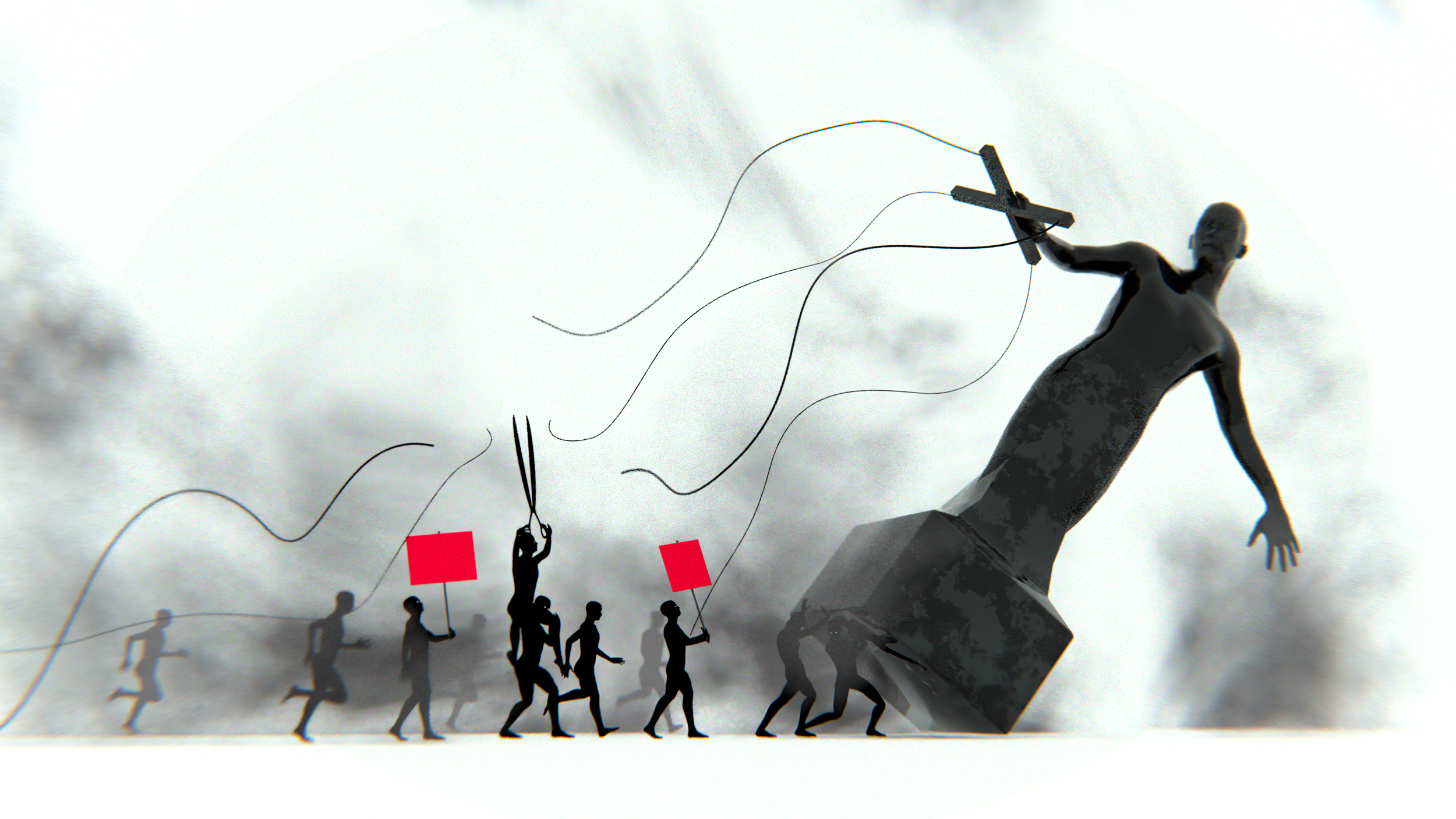 A large sculpture of a hand reaching upward with a small figure holding a cross in the foreground, and a line of silhouetted people walking forward with red flags.