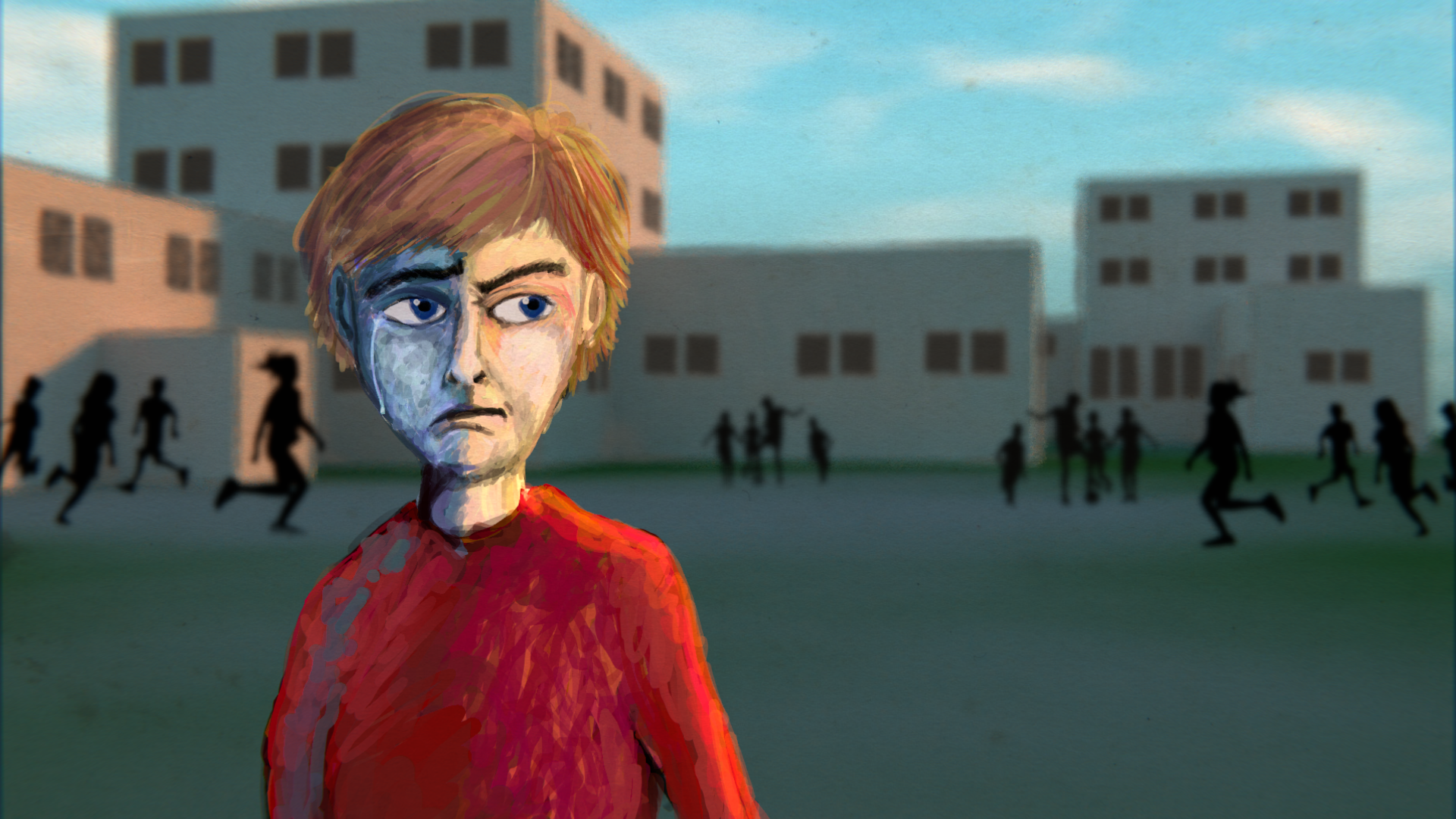 A digital painting of a young boy with a half-blue, half-human face standing in front of a schoolyard filled with running children and large apartment buildings.