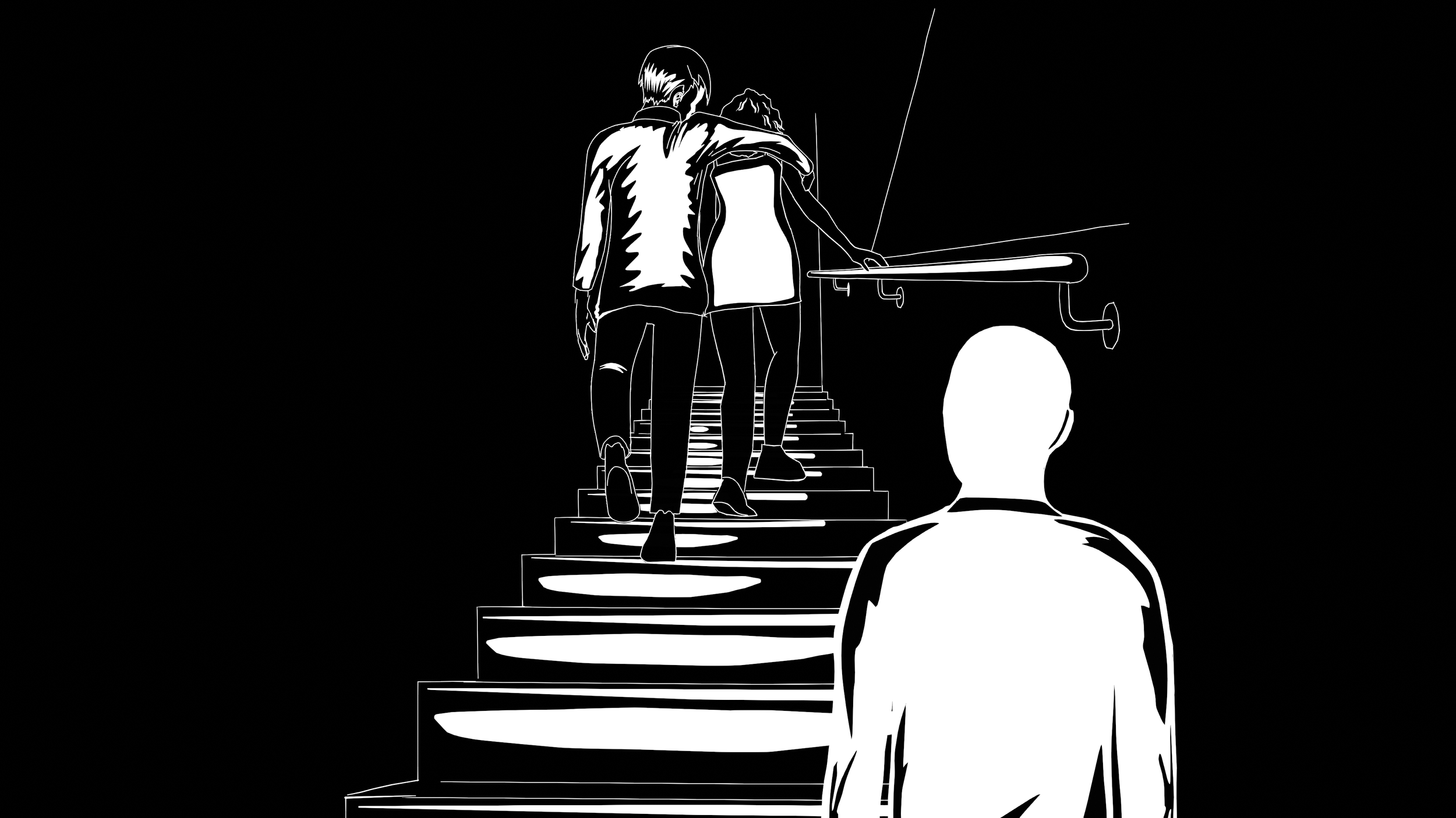 Silhouette of four people ascending a staircase, with a person in the foreground watching them.