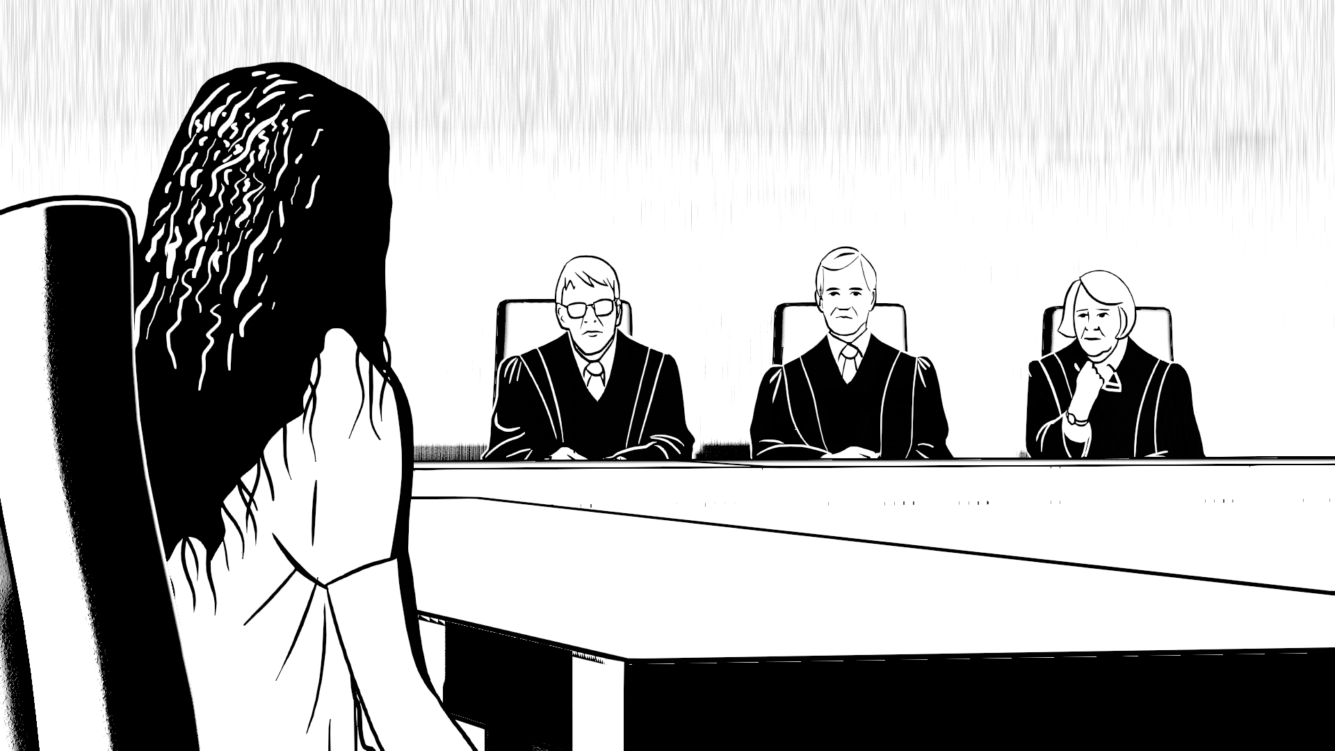 Black and white cartoon illustration of a judge's courtroom scene with three judges seated behind a bench and a person with long, wavy hair in the foreground facing them.