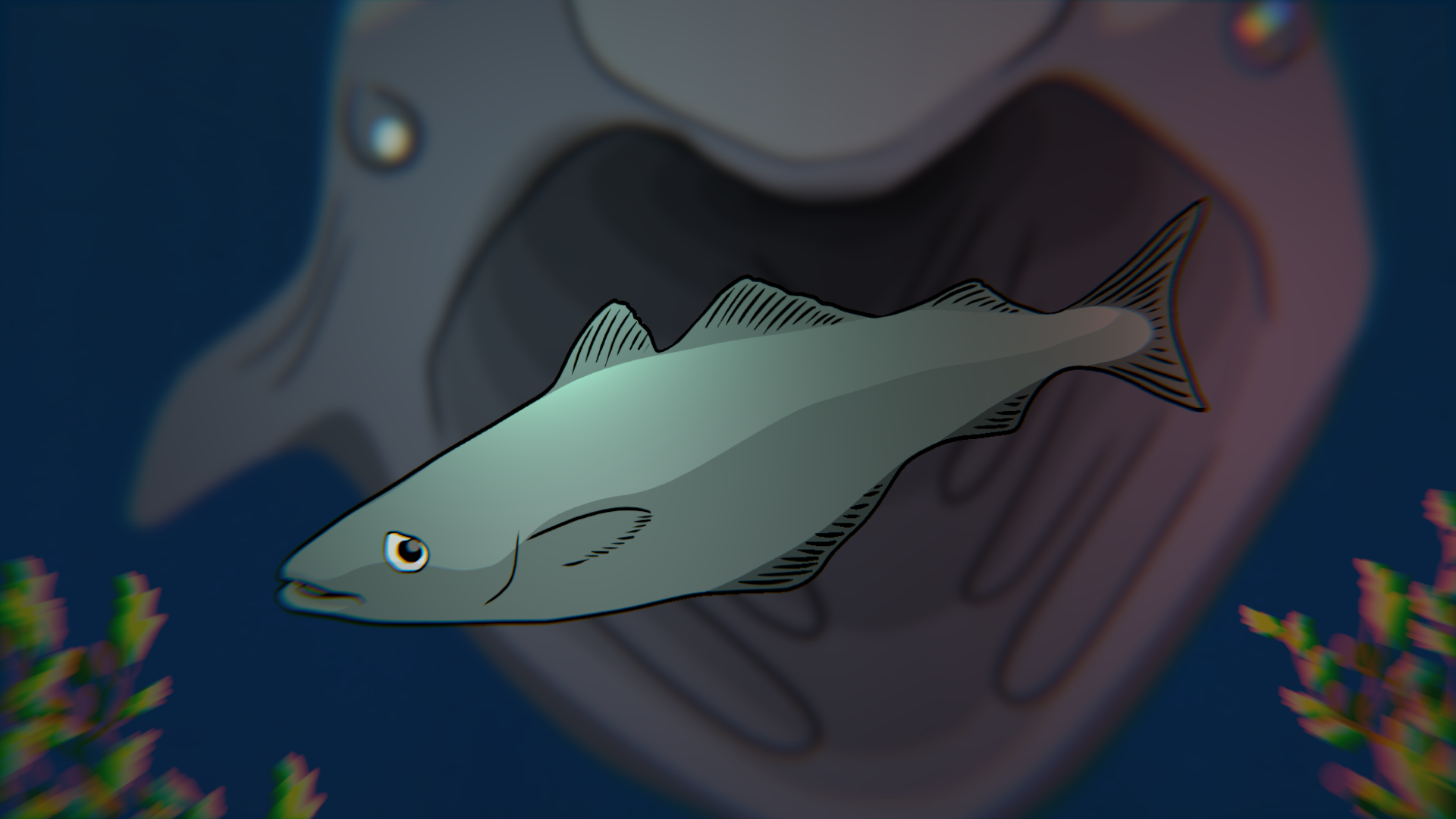 Illustration of a fish swimming underwater with colorful coral around, in front of a large whale.