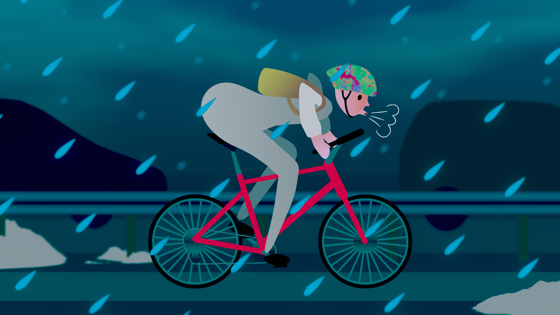 Person riding a pink bicycle in heavy rain, wearing a multicolored helmet and raincoat, with visible breath from cold air.