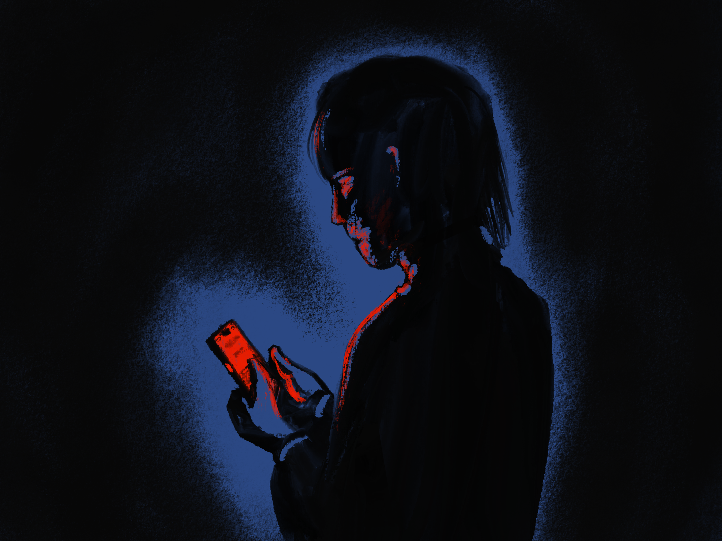 A dark digital art illustration of a person with long hair, holding a red object, with blue and red accents on black background.