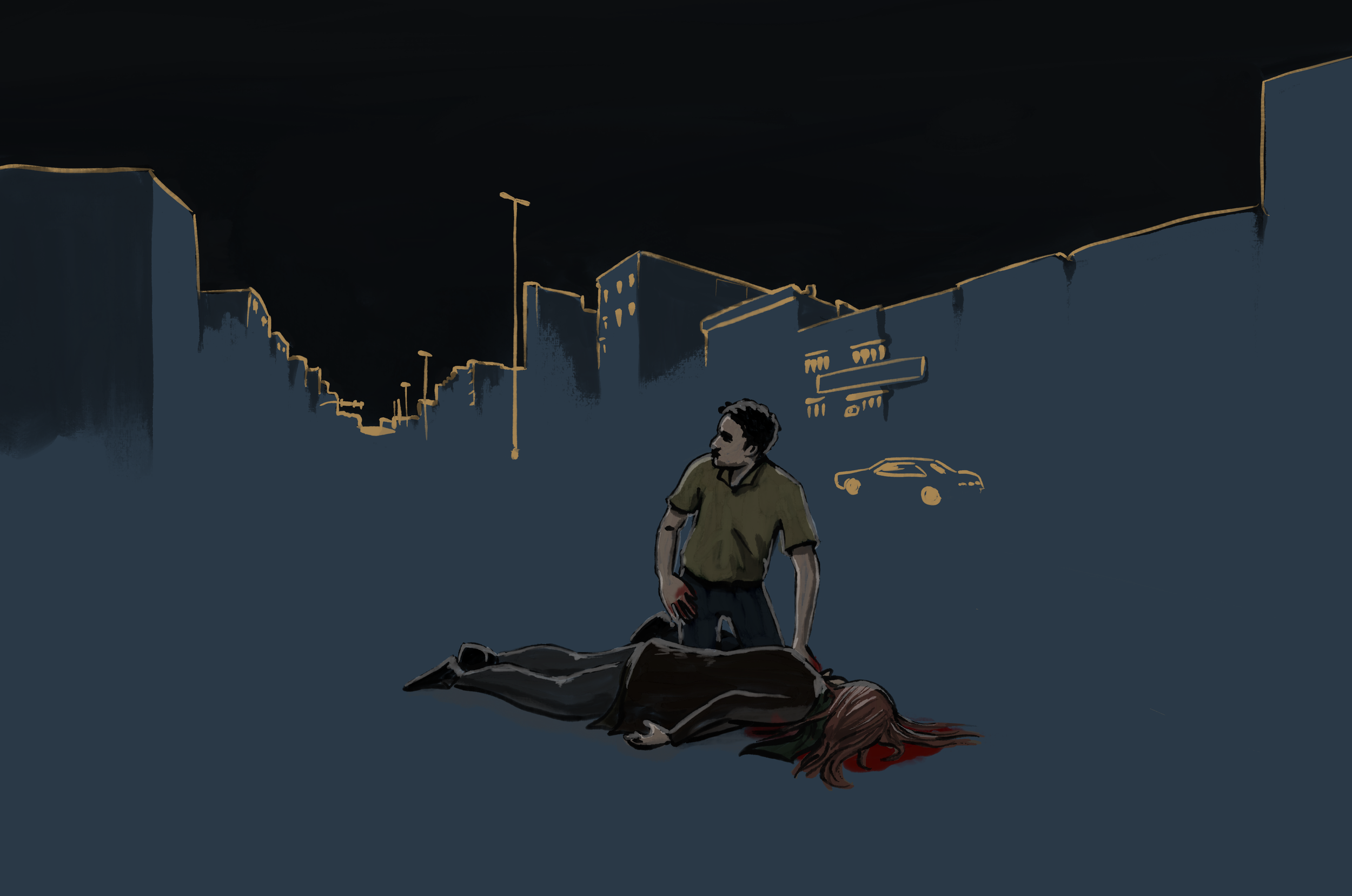 A person kneeling over a fallen person with blood on the ground at night, with city buildings and streetlights in the background.